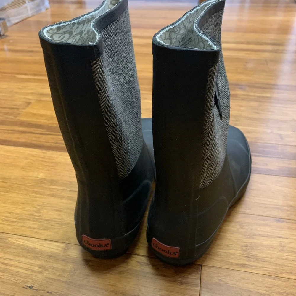 Chooka Classic Mid Cafe‎ Racer Herringbone Black Rain Boots Womens 10 Waterproof